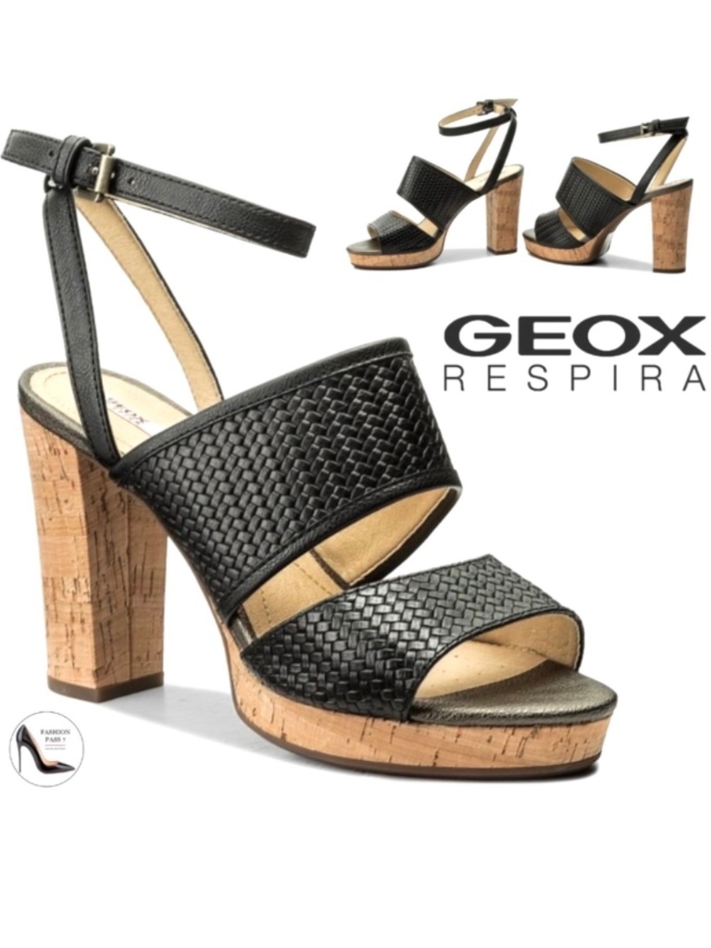 Geox Mauvelle Black Leather ankle strap block heel sandal platform dress shoes 8